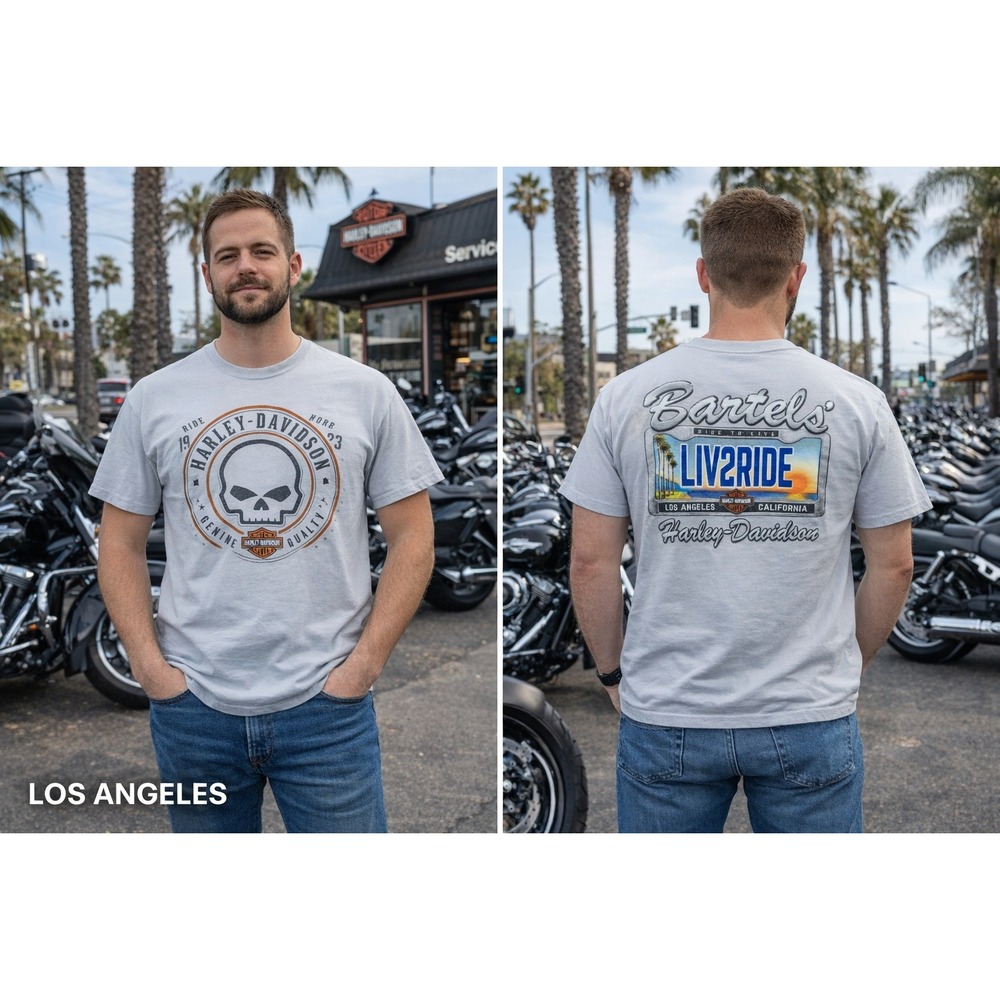 Harley Davidson Bartels Los Angeles Tee Skull Biker LIV2RIDE Back Hit Men's XL